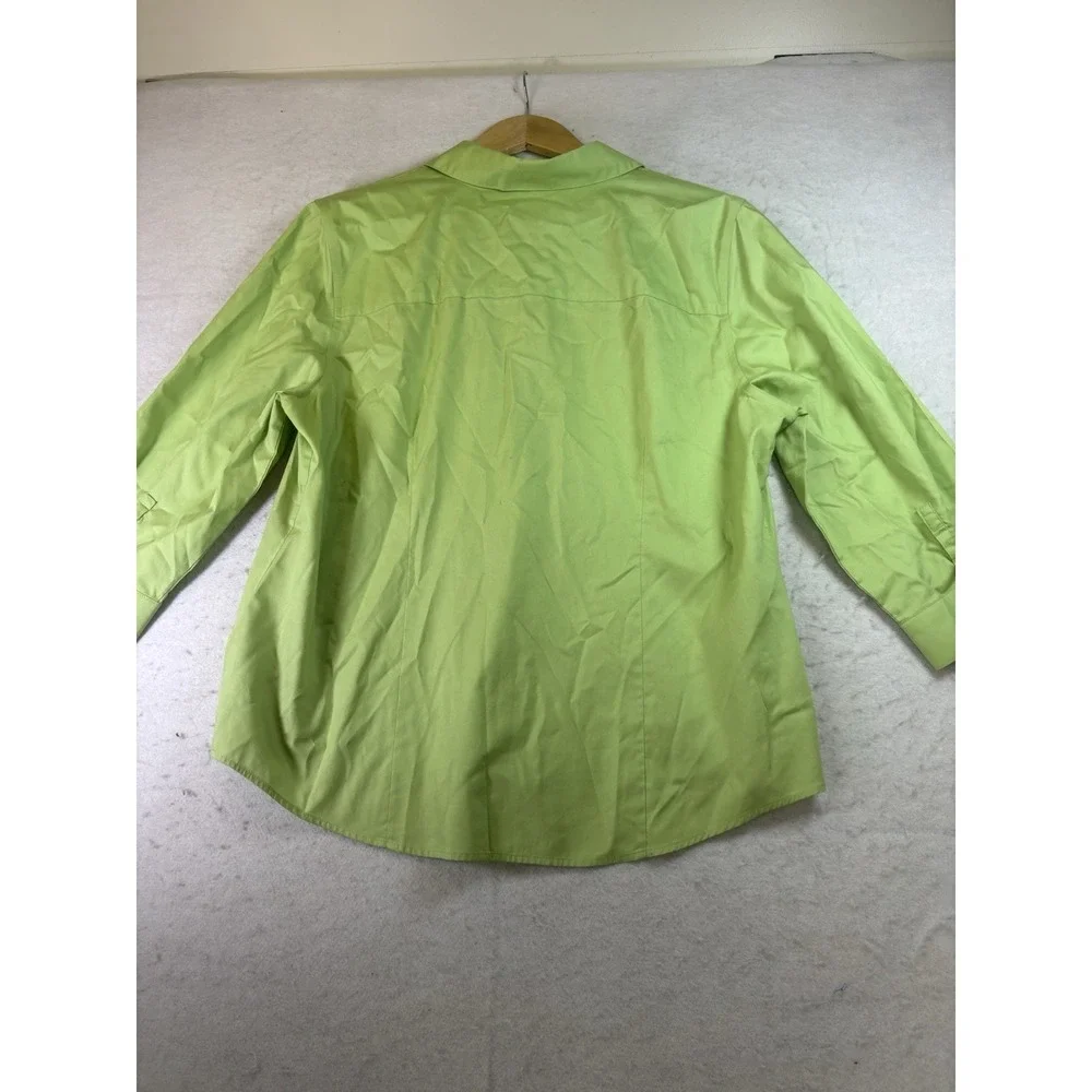 CHICO'S Button Up Blouse Top Size 2 /Large Apple Green Cotton 3/4 Sleeve
